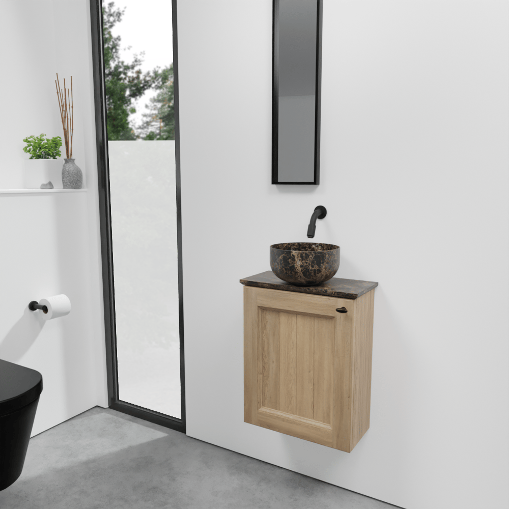Balmani Lemon meuble wc suspendu 42 x 21 cm chêne vieilli avec Facetta tablette et Bowl vaque à poser en marbre Dark Emperador