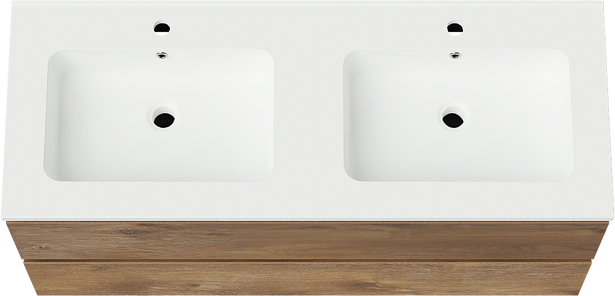 Linie Lado meuble salle de bains suspendu 120 x 46 cm chêne brun avec Vano double vasque en marbre composite blanc mat