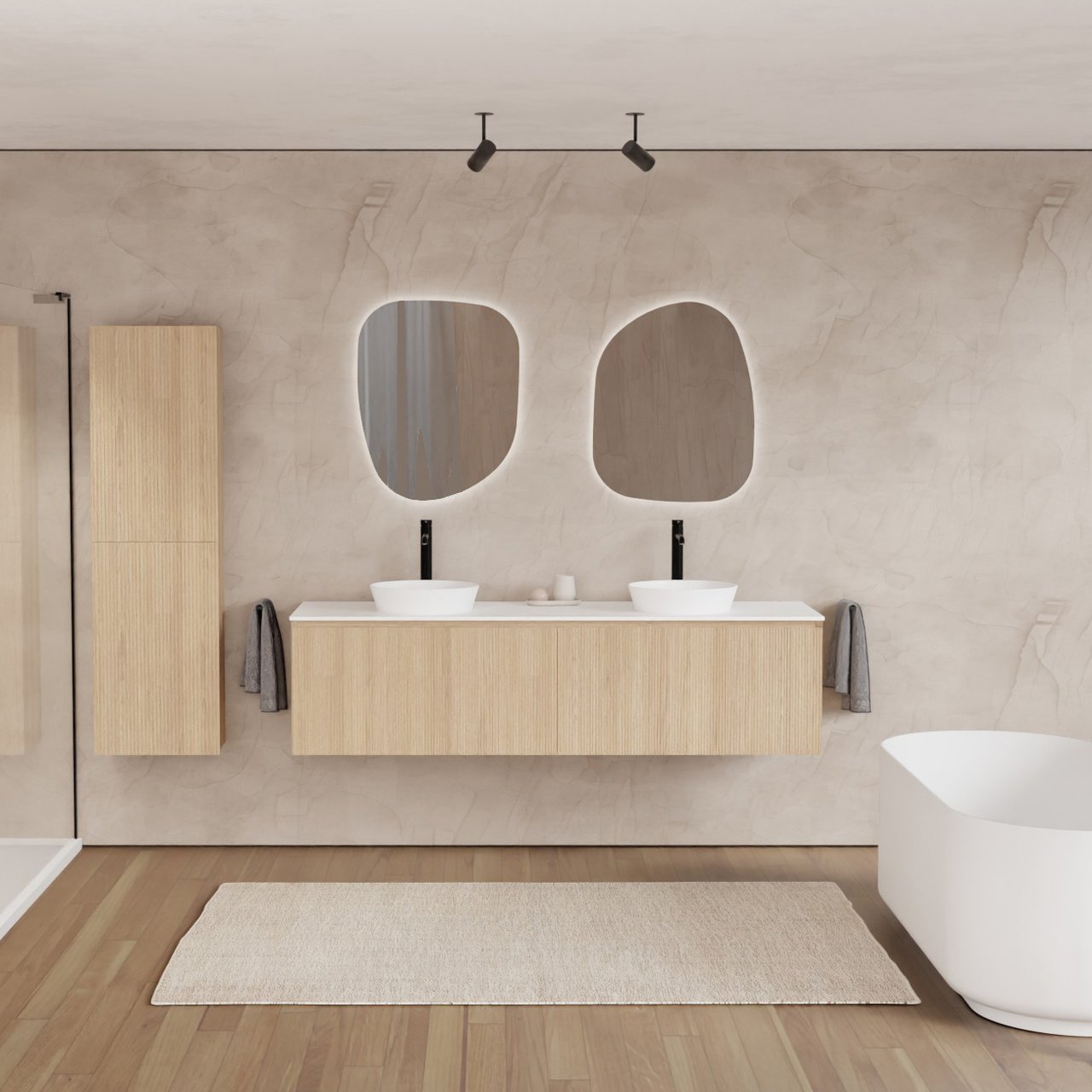 Balmani Fila by Mitra hängendes Möbelstück Set: 180 x 55 cm, Naturbelassene Eiche, mit Stretto Einzel- oder Doppel Waschtischplatte, Solid Surface, Weiß matt, Vertikale symmetrische gerade Rippe