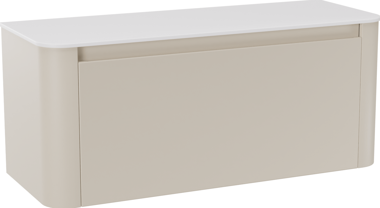 Storke Soft meuble salle de bains suspendu 120 x 46 cm Sand mat avec Tavola Soft tablette simple ou double vasque en Solid Surface blanc mat