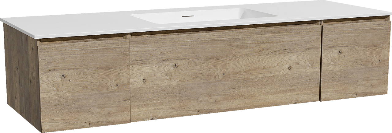 Storke Edge zwevend badkamermeubel 155 x 52 cm ruwe eik met Mata enkele wastafel in solid surface mat wit