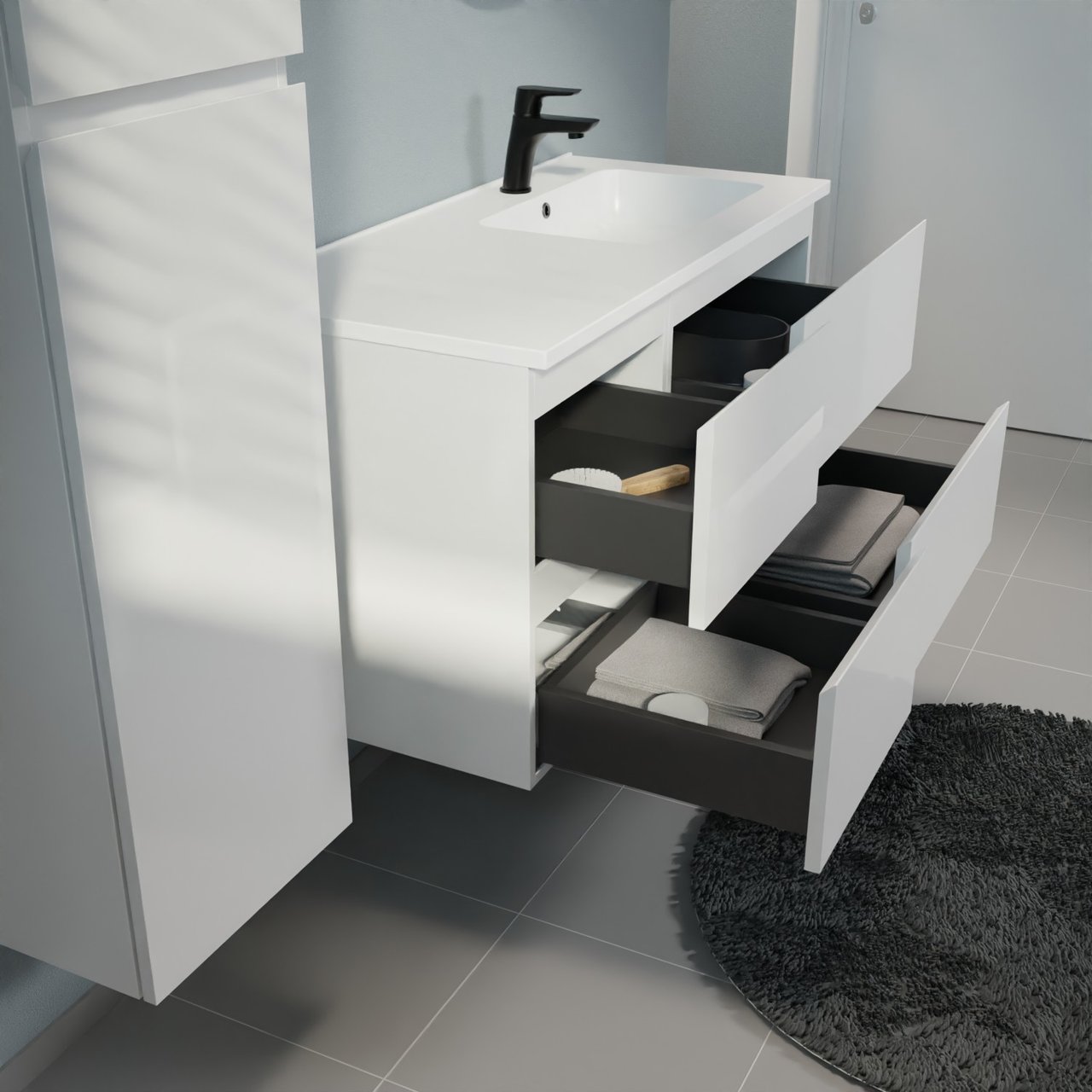 Linie Lado meuble salle de bains suspendu 100 x 46 cm blanc brillant avec Vano vasque asymétrique droite en marbre composite blanc mat