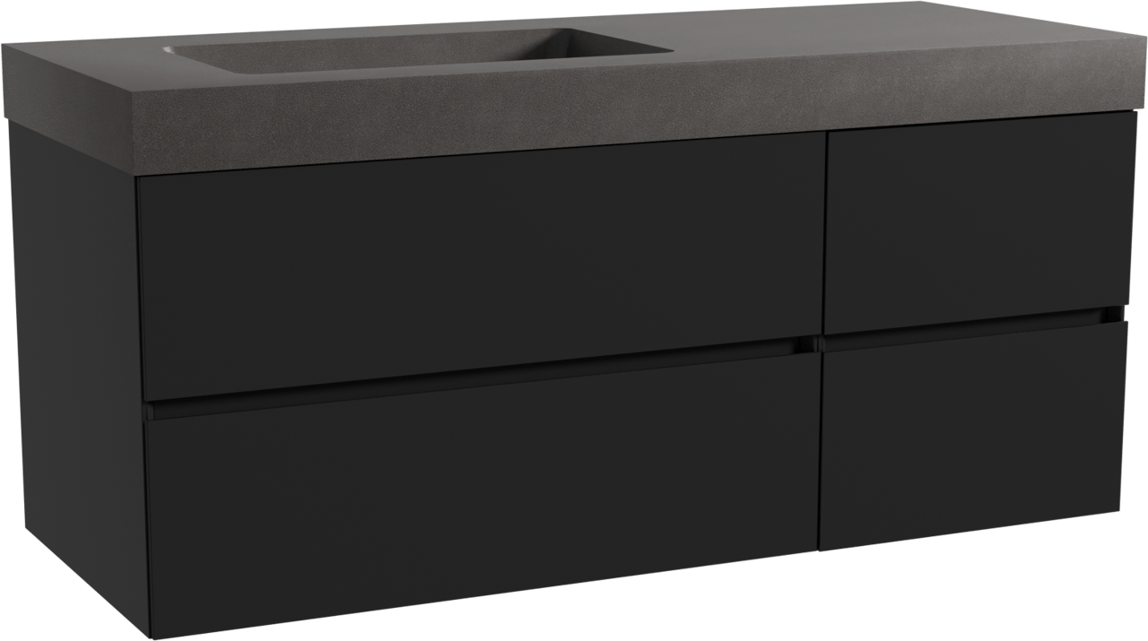 Storke Edge zwevend badkamermeubel 130 x 52 cm mat zwart met Scuro High asymmetrisch linkse wastafel in kwarts mat zwart