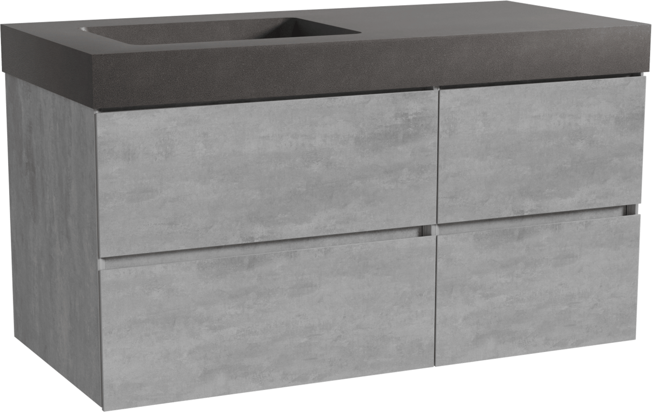 Storke Edge meuble salle de bains suspendu 110 x 52 cm béton gris foncé avec Scuro High plan vasque asymétrique à gauche en quartz noir mat