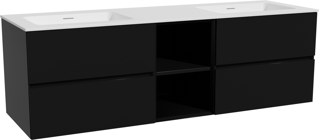 Storke Edge zwevend badkamermeubel 165 x 52 cm mat zwart met Mata dubbele wastafel in solid surface mat wit