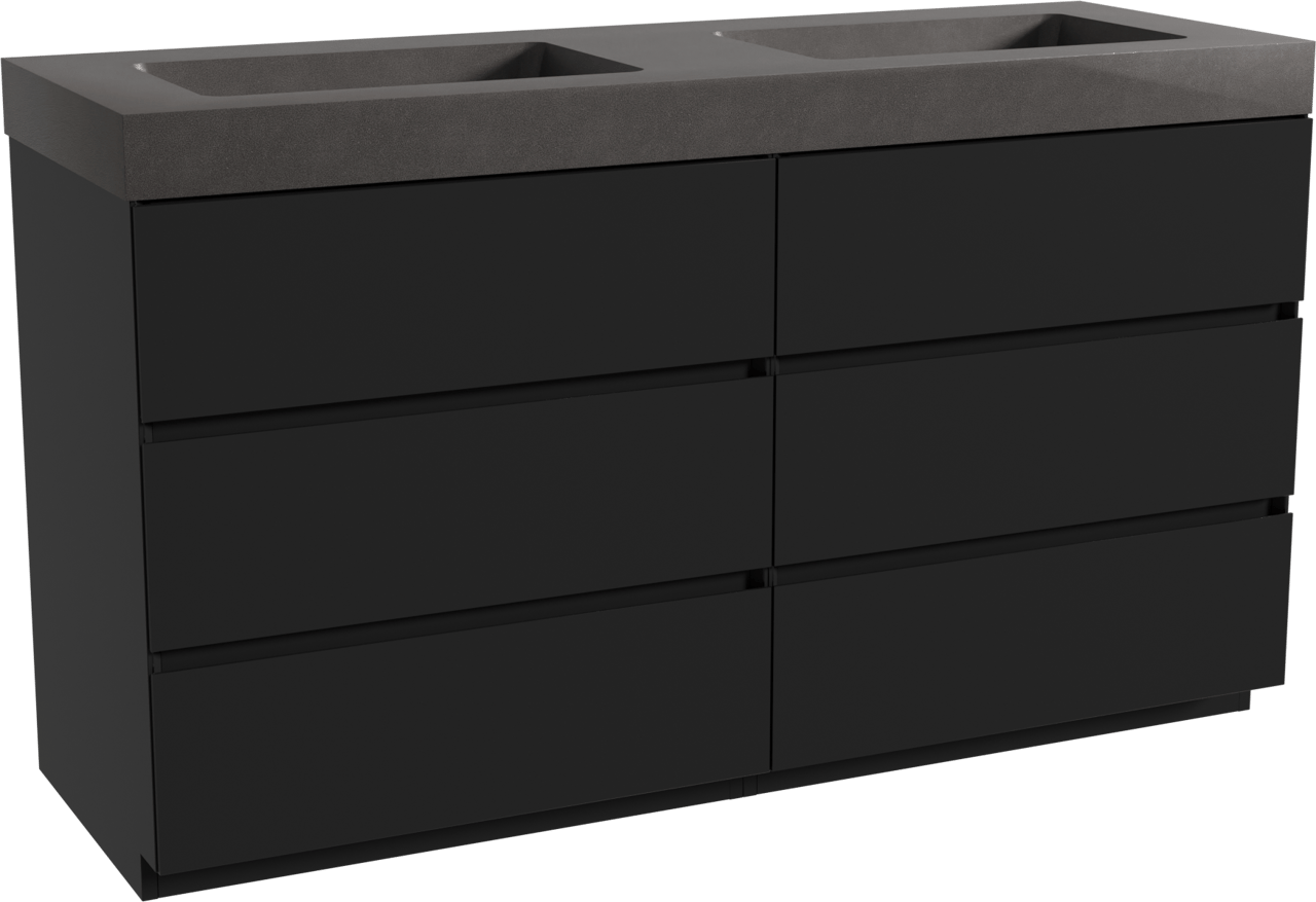 Storke Edge freistehendes Möbelstück Set: 150 x 52 cm, Schwarz matt, mit Scuro High Doppelwaschtisch, Quarz Schwarz matt