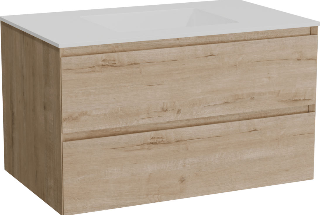 Balmani Mitra meuble salle de bains suspendu 90 x 55 cm chêne brut avec Tablo Stretto plan simple en solid surface blanc mat