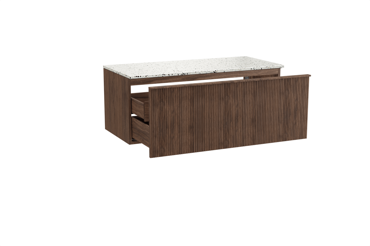 Balmani Forma meuble salle de bains suspendu 120 x 55 cm noyer américain avec Stretto tablette simple ou double en blanc/noir mat terrazzo, Nervure droite symétrique verticale