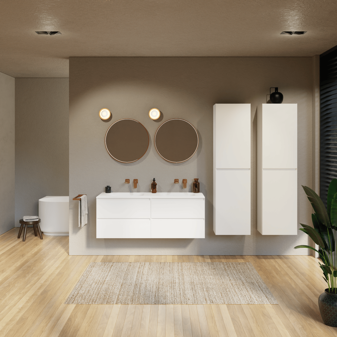 Balmani Mitra zwevend badmeubel 135 x 55 cm mat wit met Tablo Arcato dubbele wastafel in solid surface mat wit
