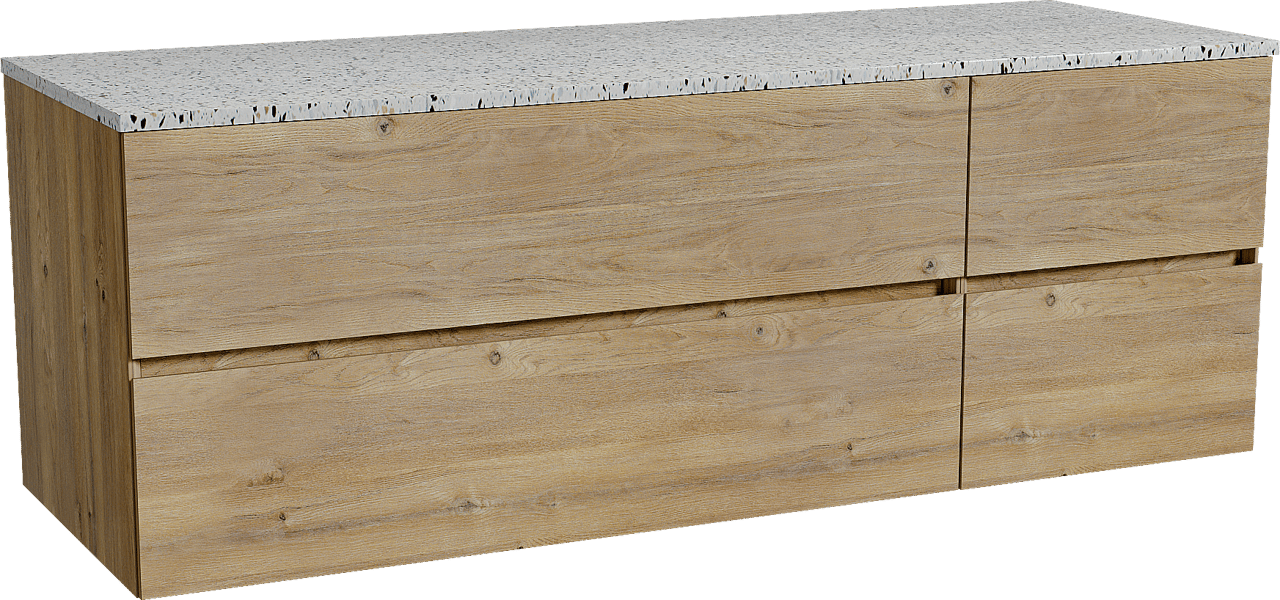 Storke Edge meuble salle de bains suspendu 150 x 52 cm chêne brut avec Tavola tablette simple ou double en blanc/noir mat terrazzo