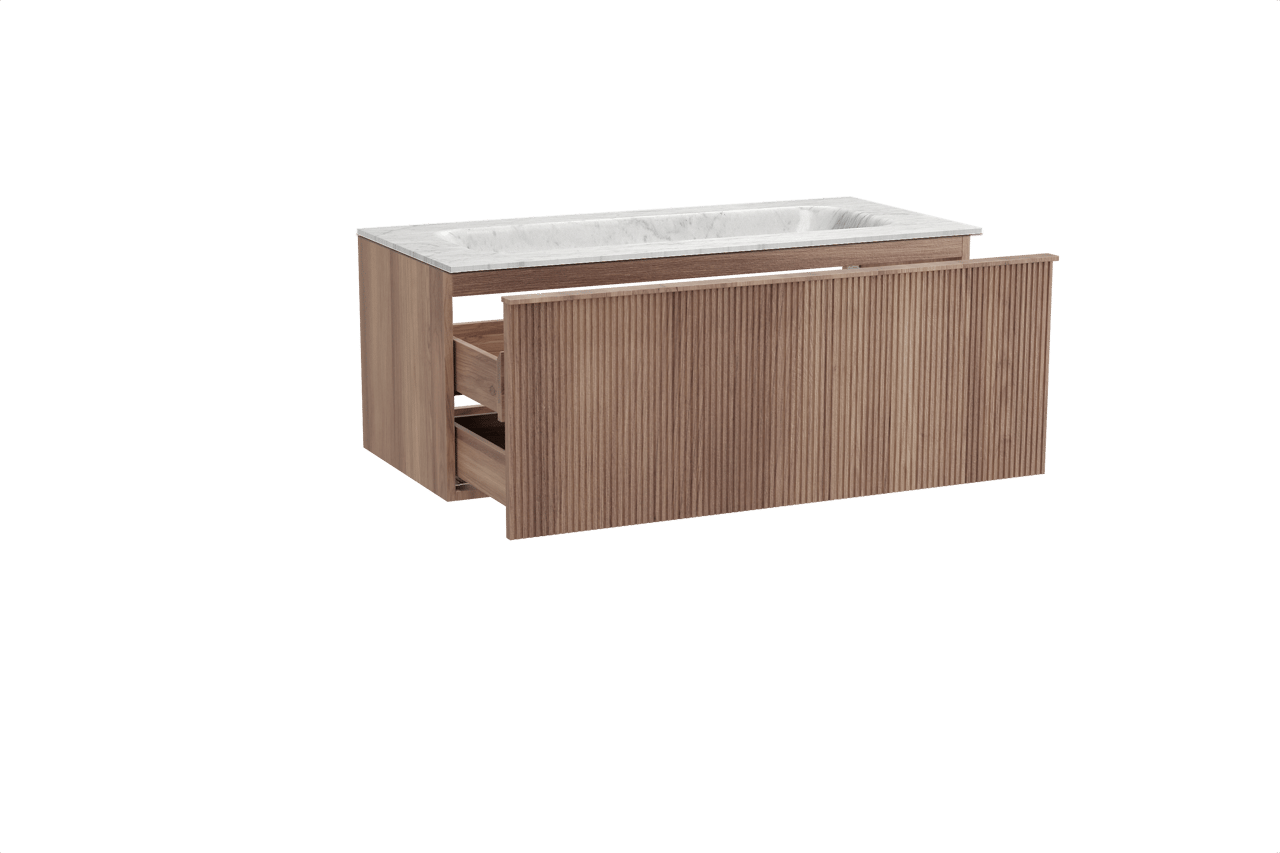 Balmani Forma zwevend badkamermeubel 120 x 55 cm teak met Tablo Arcato enkele wastafel in marmer carrara, Verticale symmetrische rechte ribbel