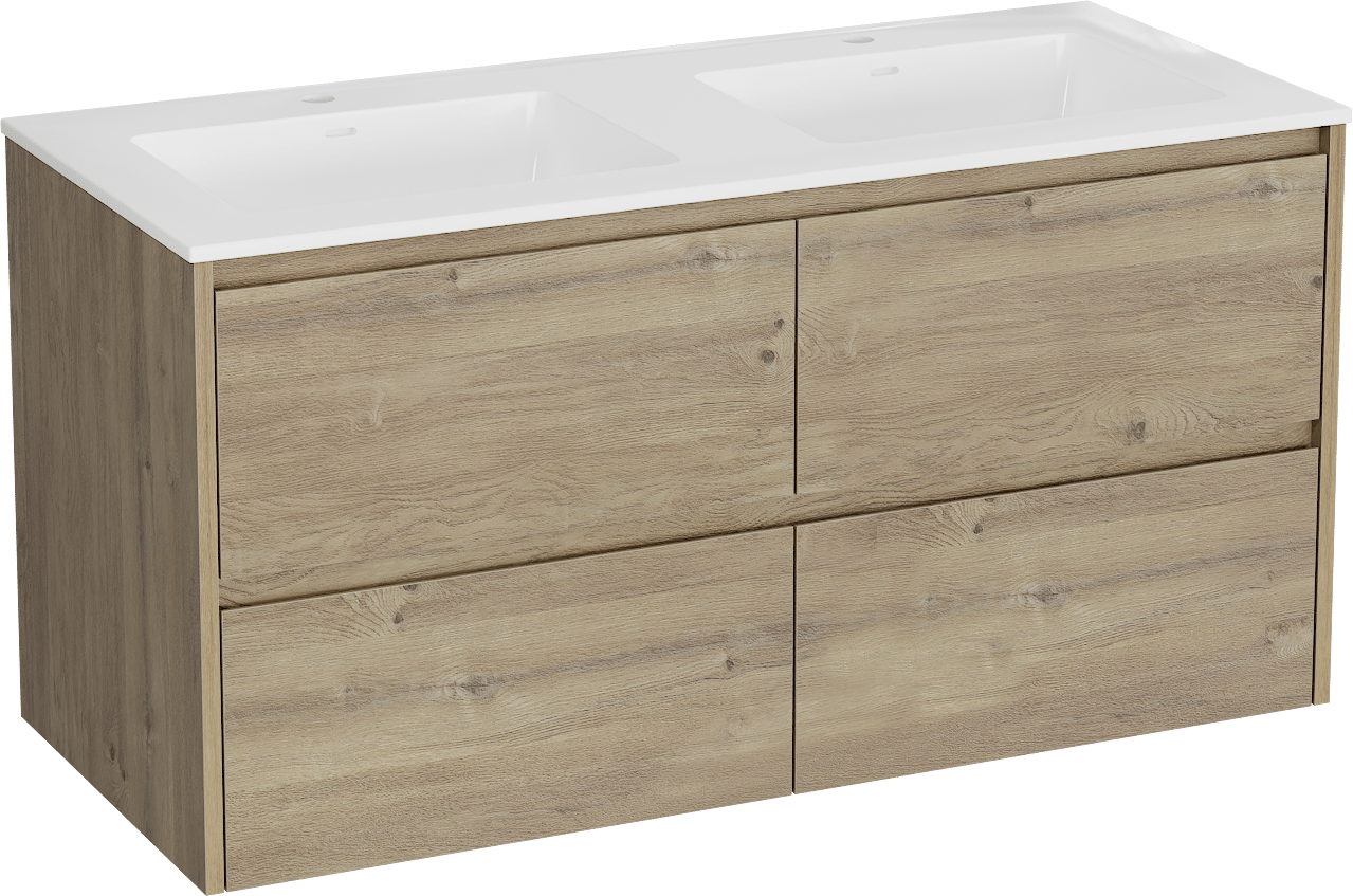Storke Seda meuble salle de bains suspendu 120 x 52 cm chêne brut avec Bilia double vasque en marbre composite blanc brillant