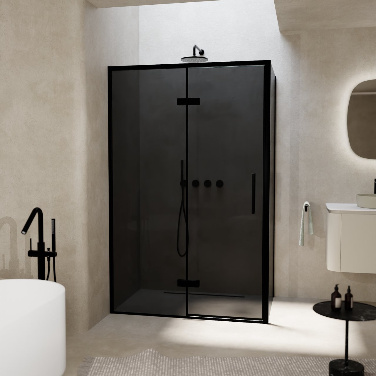 Balmani Senses Design douchehoek met linkse draaideur en vaste zijwand, 120 x 100 cm, Rookglas, Zwarte profielen, met coating