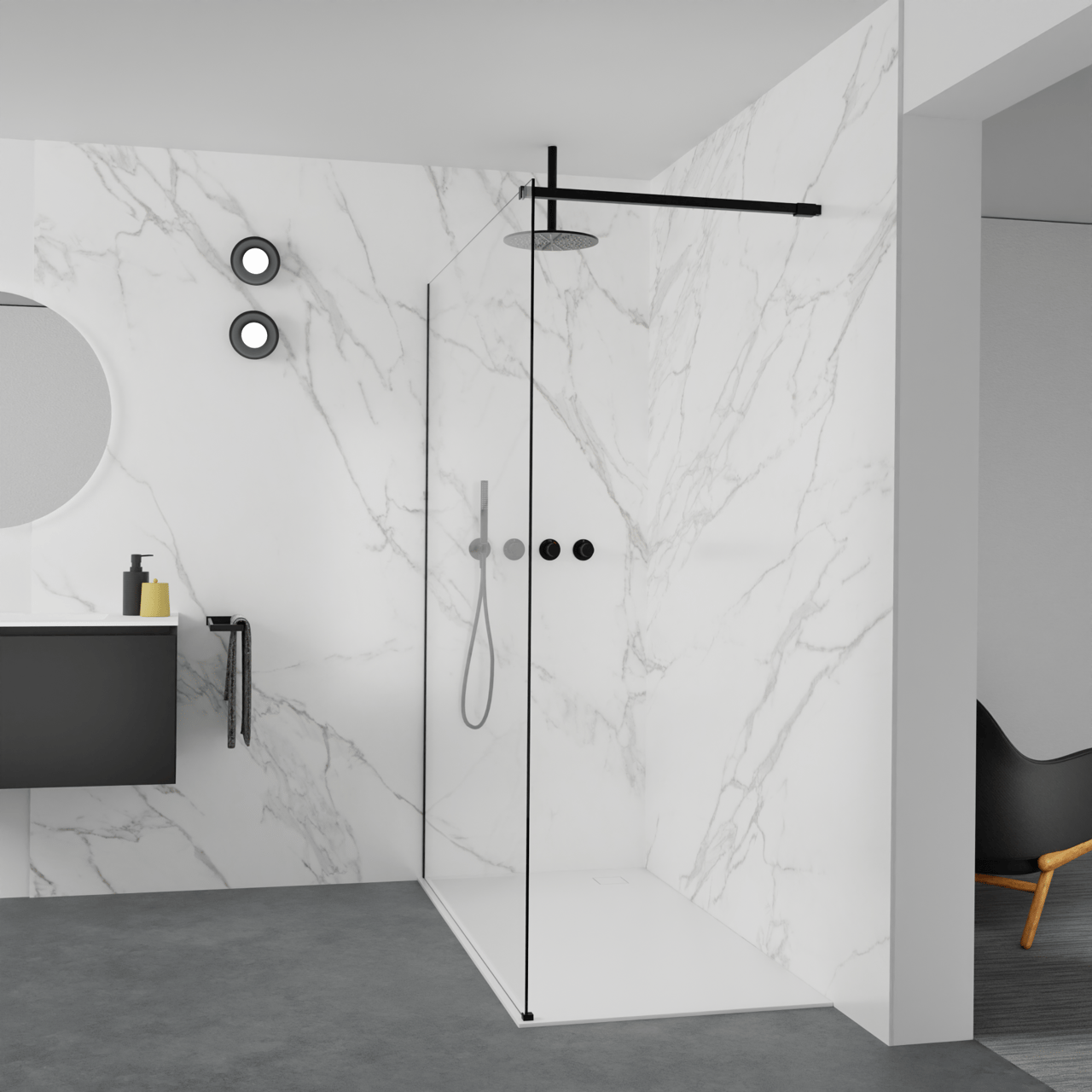Balmani Modular inloopdouche: 160 x 200 cm, Helder glas met coating, Mat zwarte profielen