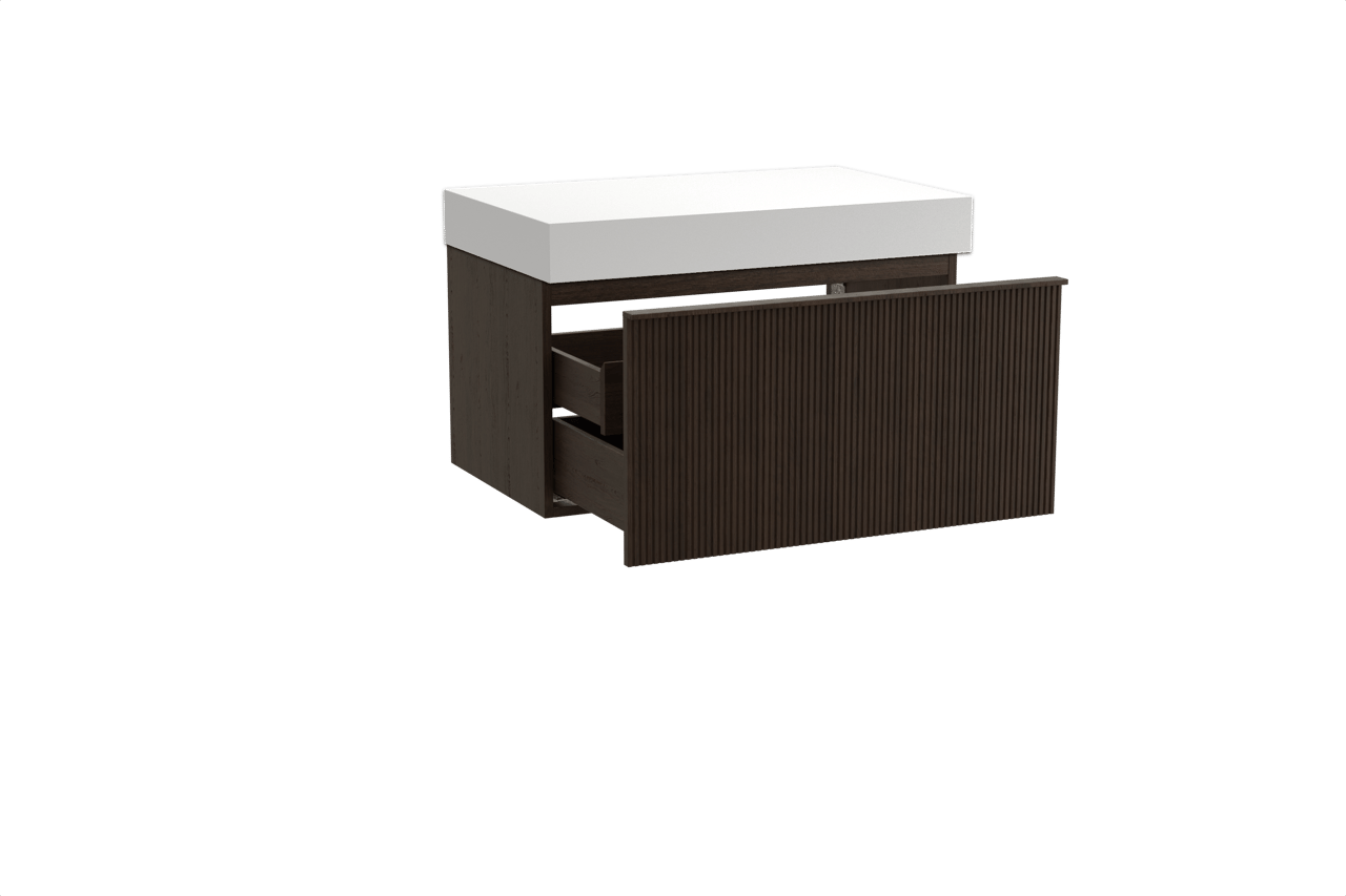 Balmani Forma zwevend badkamermeubel 90 x 55 cm gerookte eik met Dominus enkel tablet in solid surface mat wit, Verticale symmetrische rechte ribbel