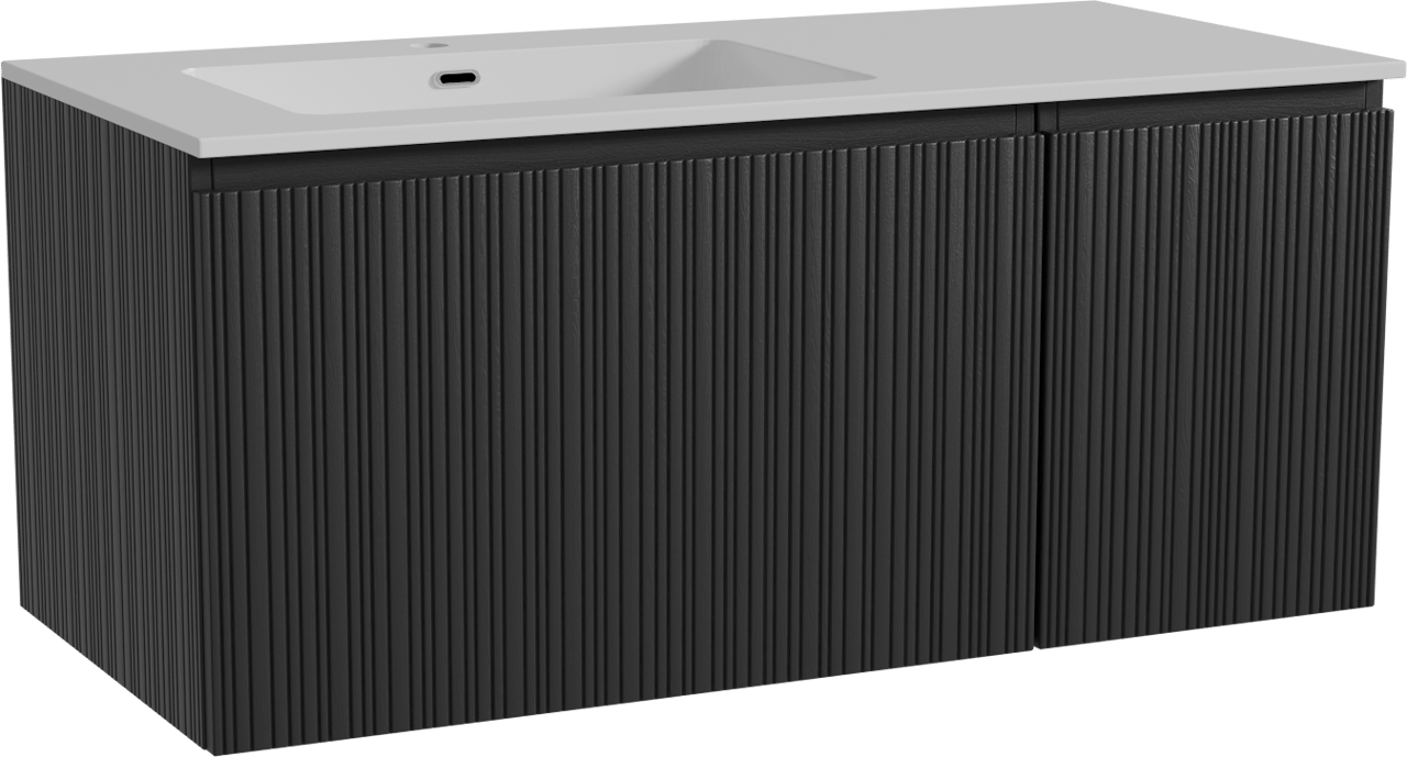 Storke Ribs zwevend badmeubel 110 x 52 cm zwart eiken met Diva asymmetrisch linkse wastafel in composietmarmer hoogglans wit, Verticale asymmetrische rechte ribbel