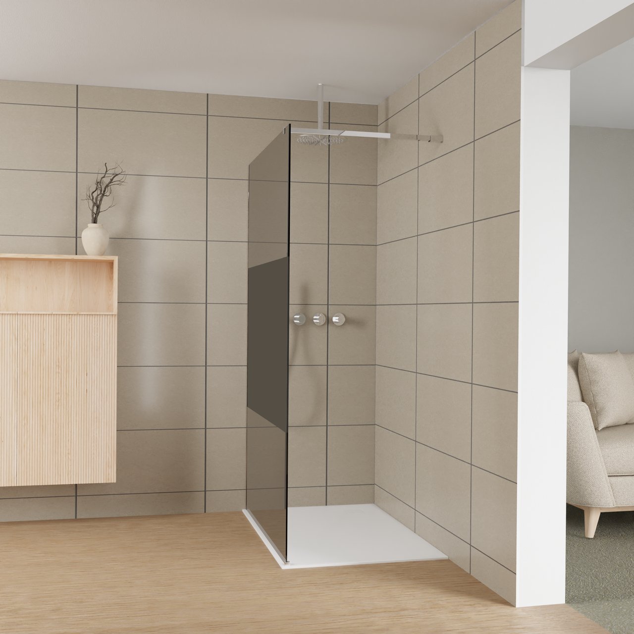 Balmani Modular inloopdouche: 120 x 200 cm, Rookglas met matte strook met coating, Hoogglans chroom profielen