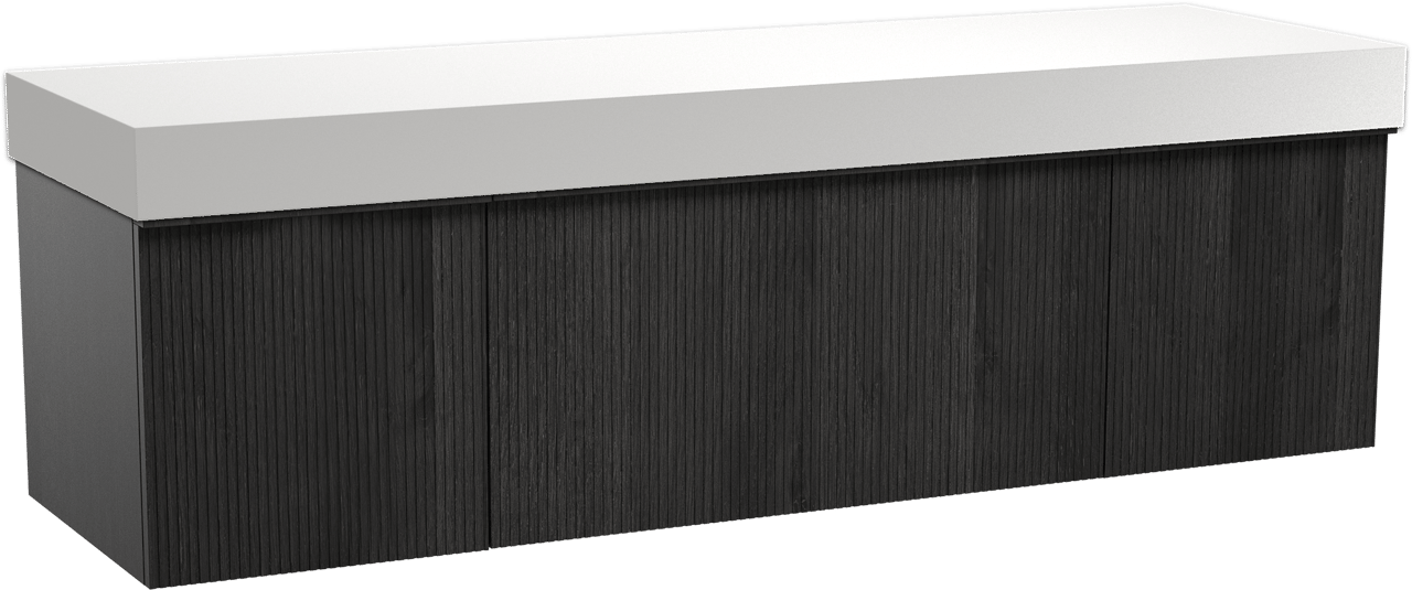 Balmani Forma hängendes Möbelstück Set: 180 x 55 cm, Schwarze Eiche, mit Dominus Einzel- oder Doppel Waschtischplatte, Solid Surface, Weiß matt, Vertikale symmetrische gerade Rippe
