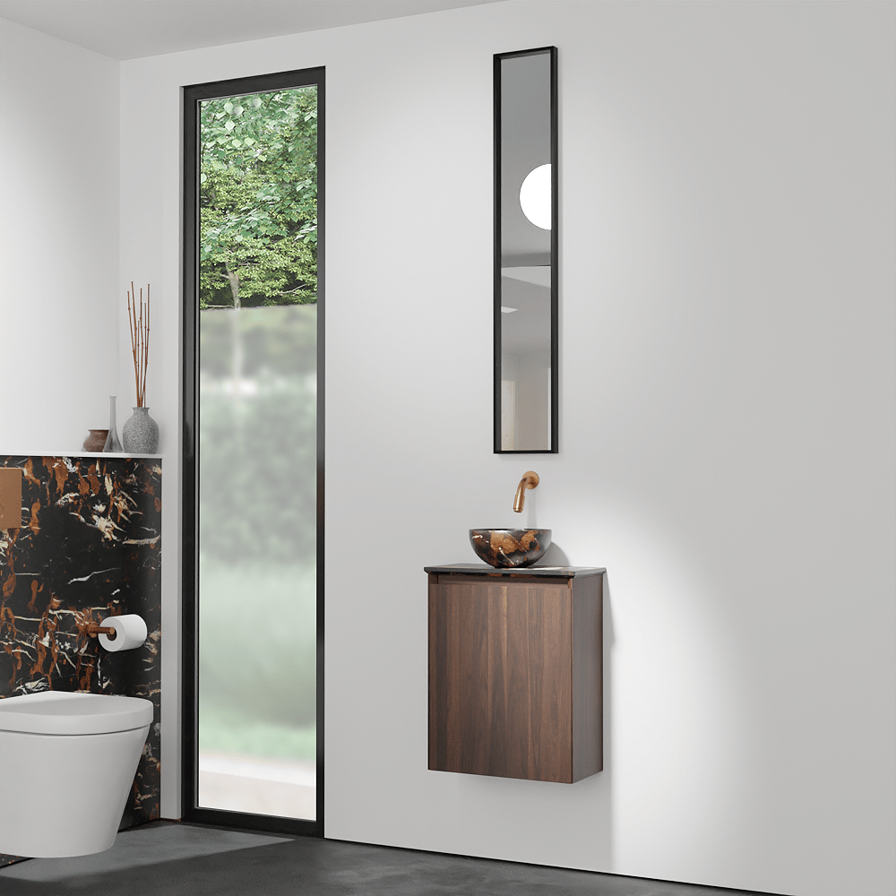 Balmani Mitra meuble wc suspendu 42 x 21 cm noyer américain avec Facetta tablette et Bari XS vaque à poser en marbre Portoro Gold