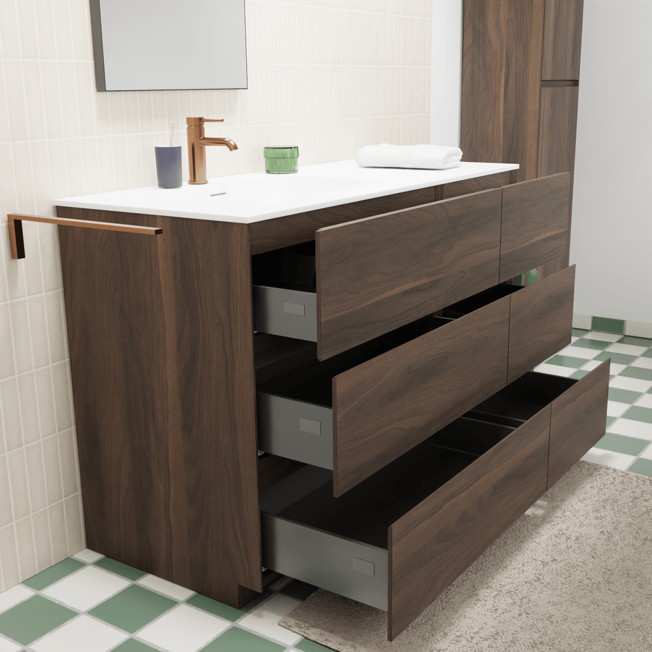 Storke Edge freistehendes Möbelstück Set: 120 x 52 cm, Nussbaum, mit Mata Waschtisch links, Solid Surface Weiß matt