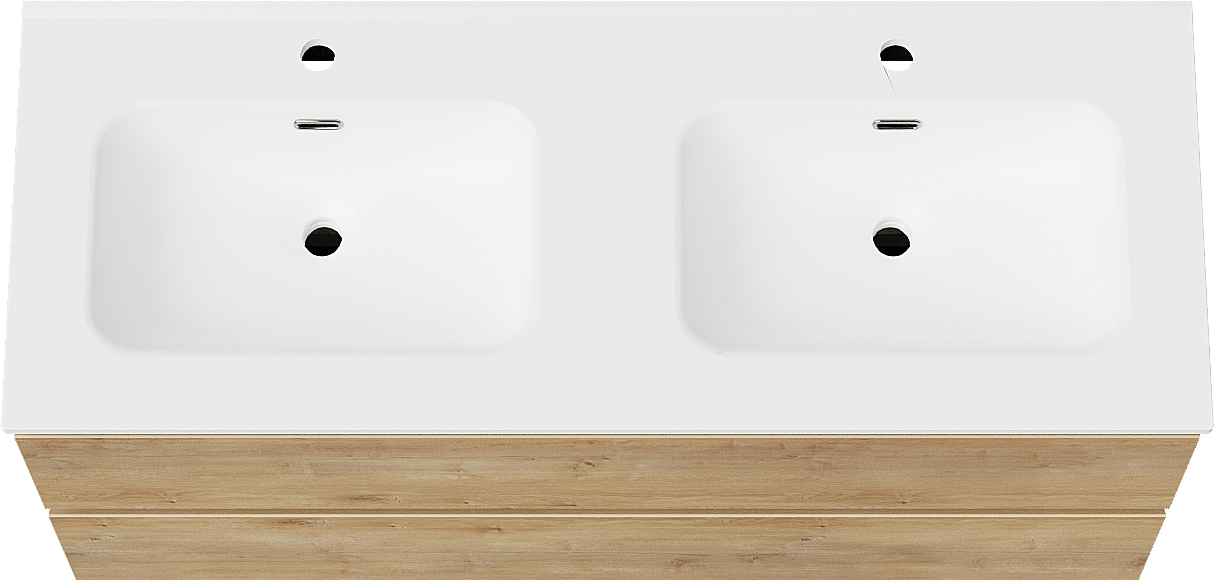 Linie Lado meuble salle de bains suspendu 120 x 46 cm chêne naturel avec Baro double vasque en porcelaine blanc mat