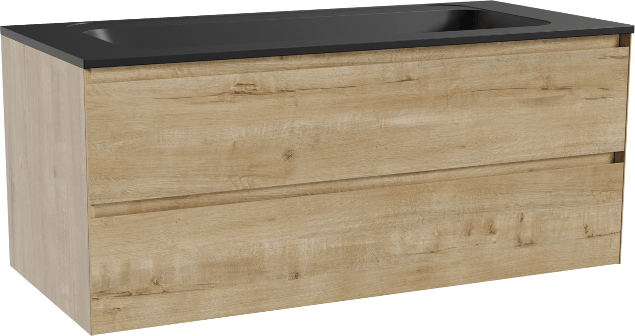 Balmani Mitra hängendes Möbelstück Set: 120 x 55 cm, Rohe Eiche, mit Tablo Strada Einzelwaschtisch für 2 Armaturenlöcher, Marmorkomposit Schwarz matt