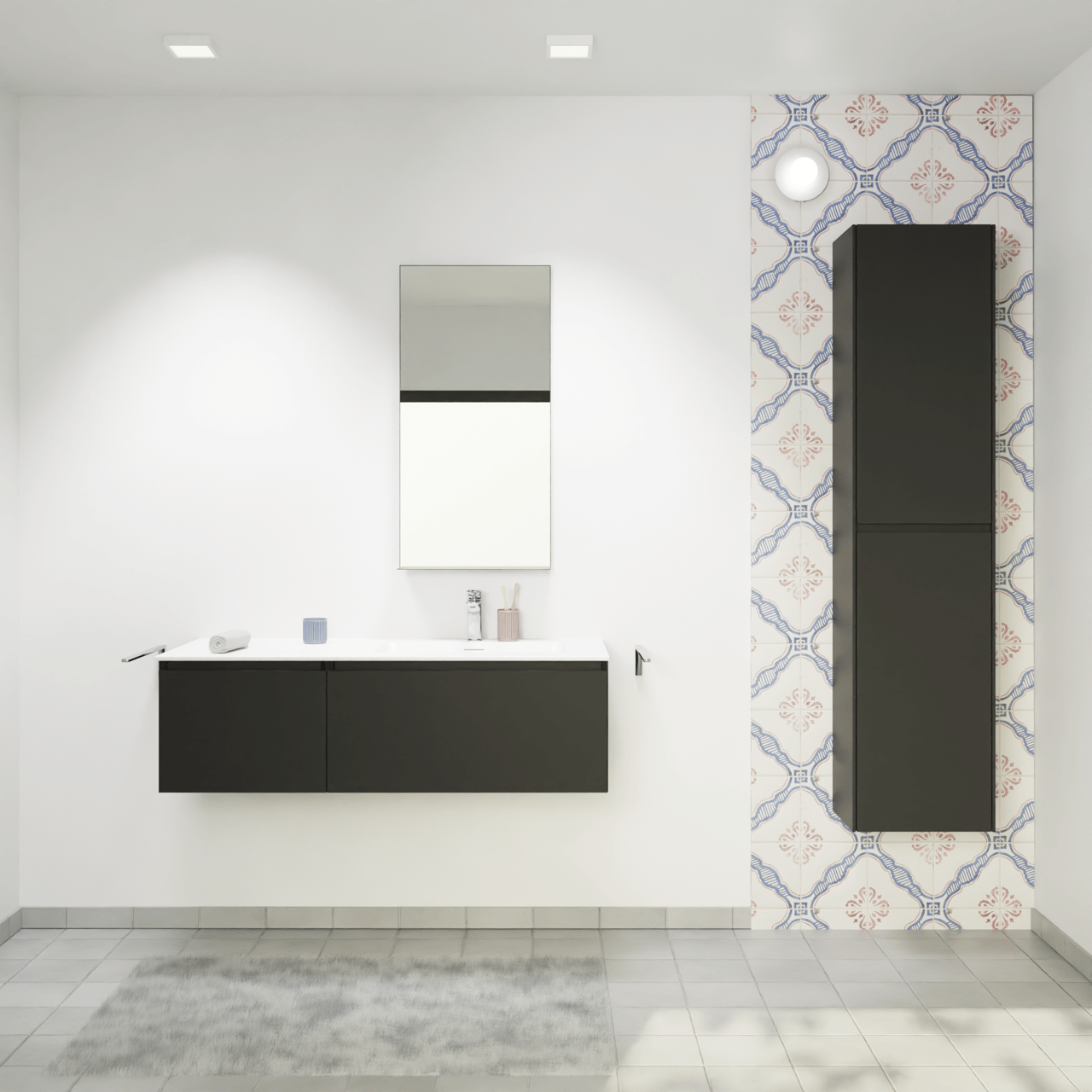 Storke Edge meuble salle de bains suspendu 120 x 52 cm noir mat avec Mata plan vasque asymétrique à droite en solid surface blanc mat