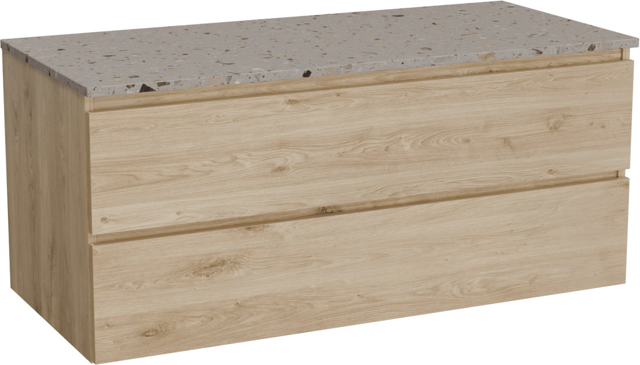 Balmani Lucida meuble salle de bains suspendu 120 x 55 cm chêne brut avec Stretto tablette simple ou double en terrazzo greige terrazzo