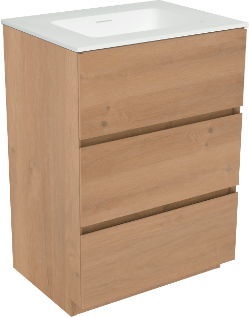 Storke Edge staand badkamermeubel 60 x 46 cm ruwe eik met Mata enkele wastafel in solid surface mat wit