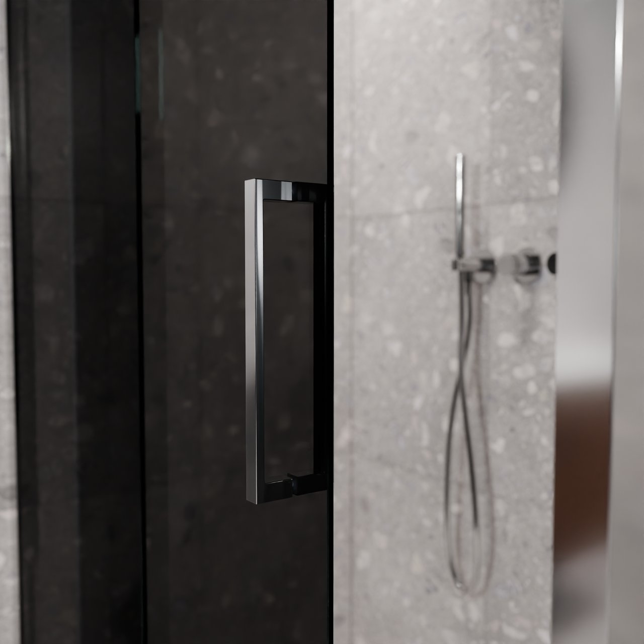Balmani Senses Design douche d'angle avec porte coulissante à gauche et paroi latérale fixe, 140 x 100 cm, Verre fumé, Profil Chrome brillant, coating inclus