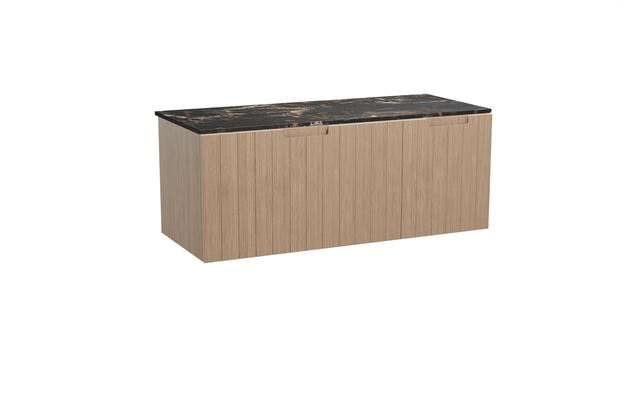 Balmani Adagio meuble salle de bains suspendu 135 x 55 cm chêne vieilli avec Stretto tablette simple ou double en marbre portoro gold