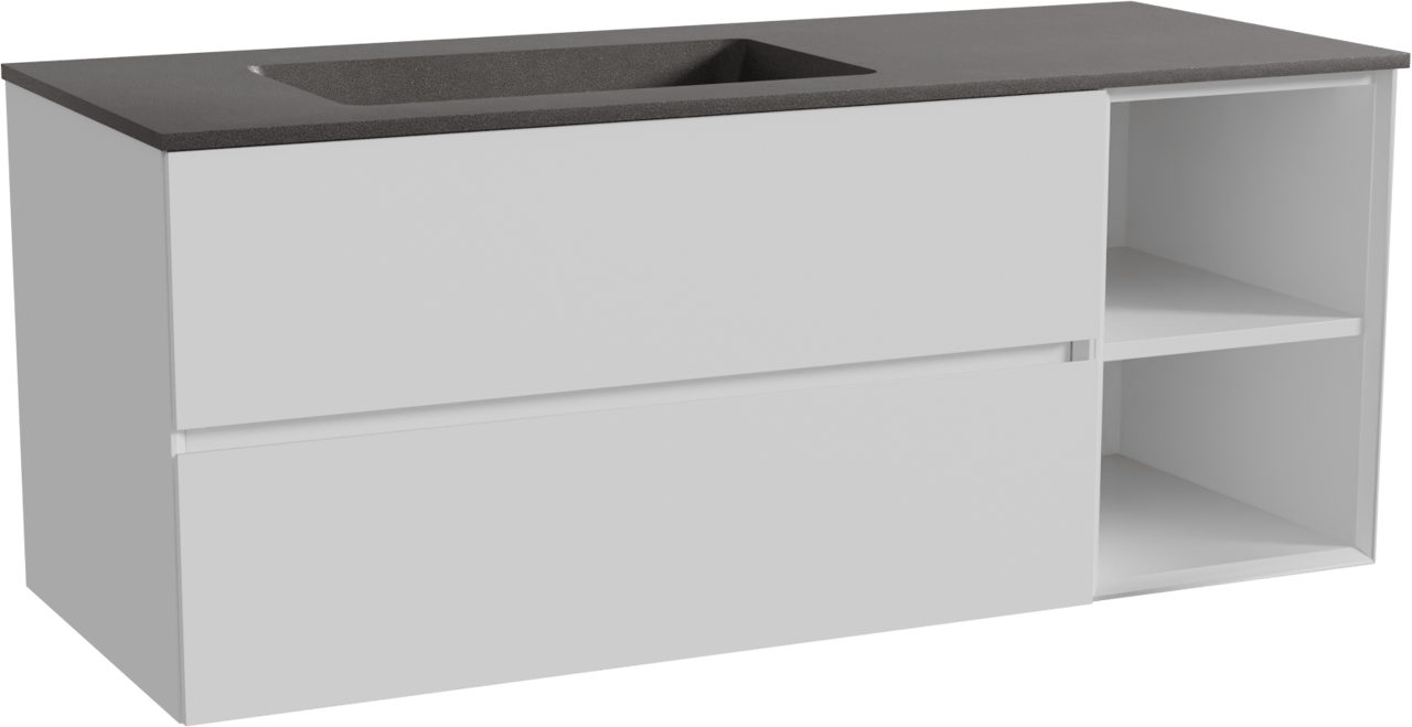 Storke Edge zwevend badmeubel 130 x 52 cm mat wit met Scuro asymmetrisch linkse wastafel in kwarts mat zwart