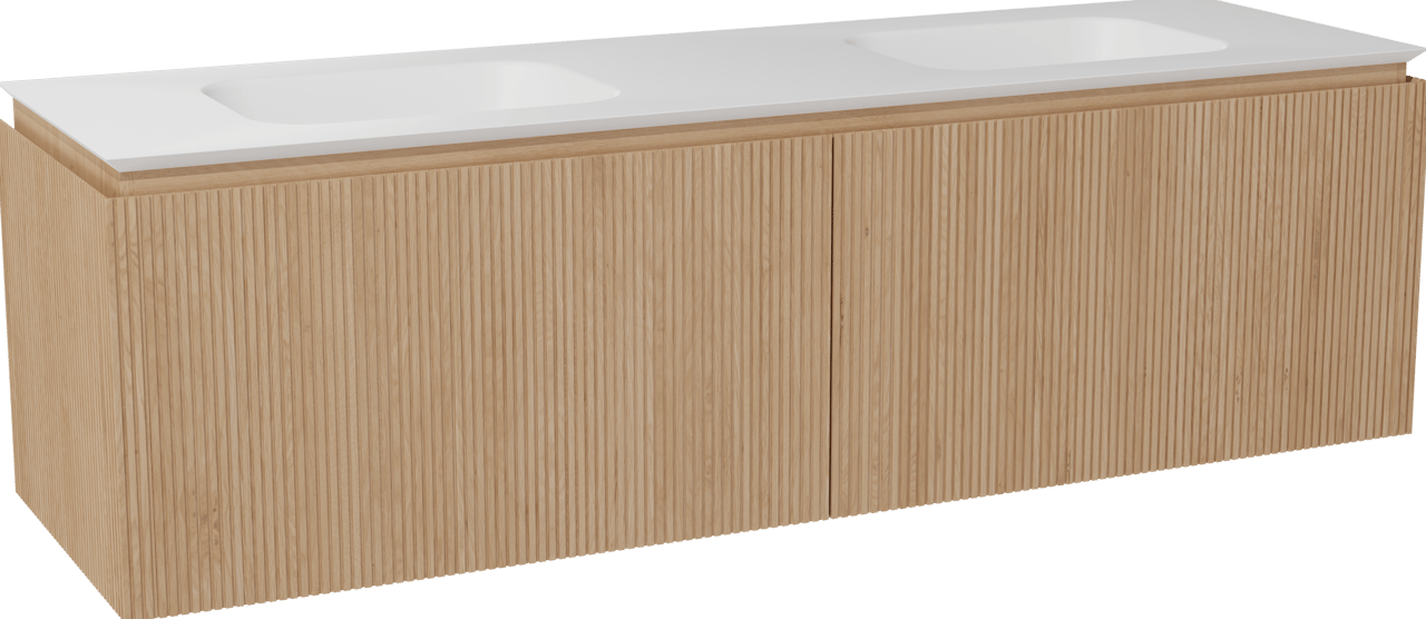 Balmani Eclips zwevend badmeubel 180 x 55 cm Natuur eiken met Eclips dubbele wastafel in Solid Surface mat wit, Verticale symmetrische rechte ribbel
