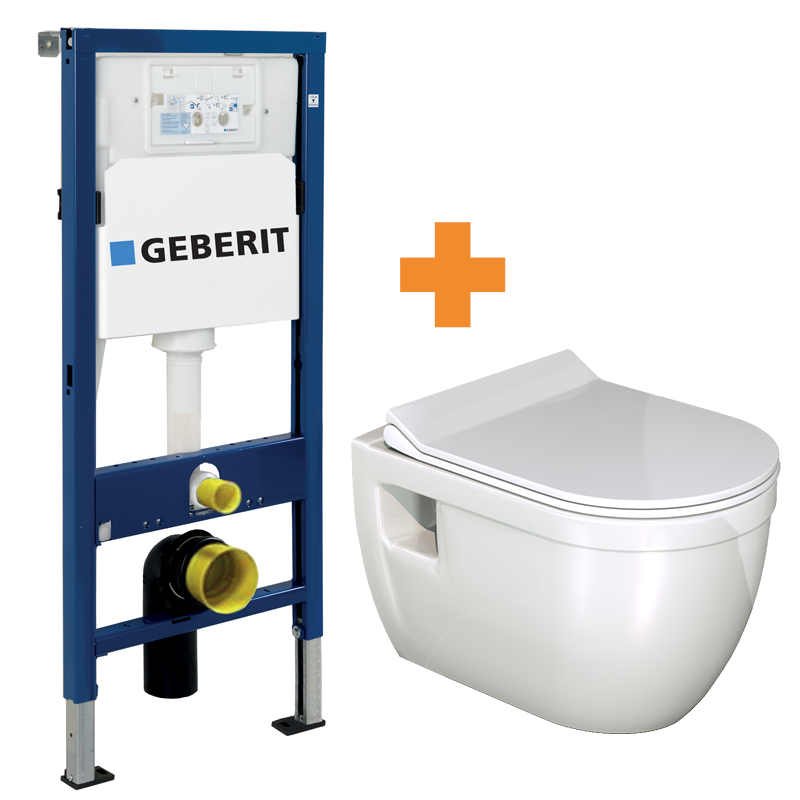 Linie Tempo hangend toilet hoogglans wit randloos met Geberit Duofix inbouwreservoir