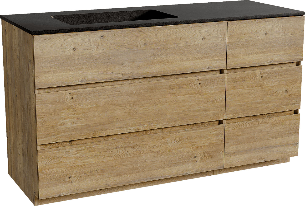 Storke Edge staand badmeubel 140 x 52 cm ruw eiken met Scuro asymmetrisch linkse wastafel in kwarts mat zwart