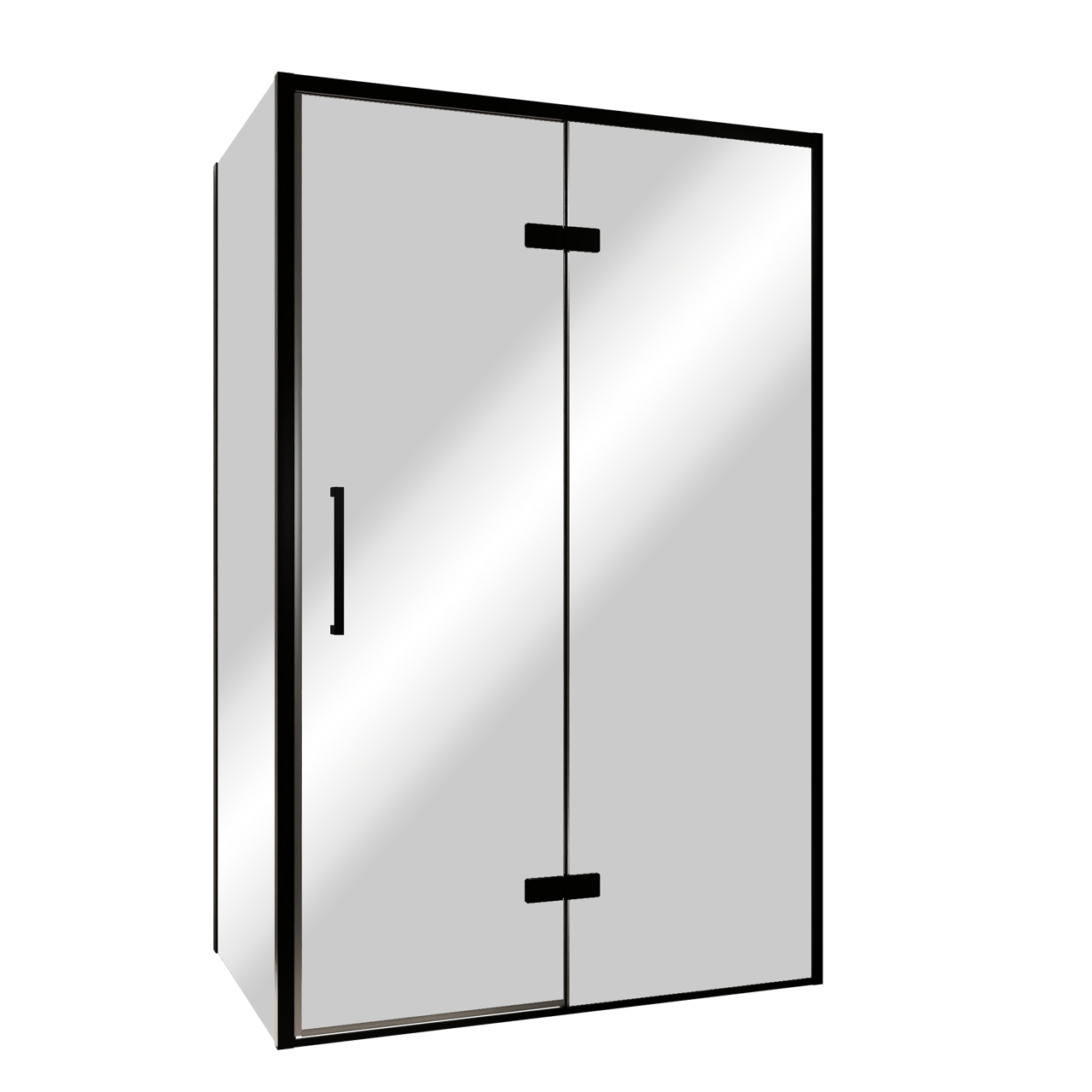 Balmani Senses Design douche en coin avec porte pivotante à droite et paroi latérale fixe, 120 x 100 cm, Miroir Reflex, Profil noir, coating inclus