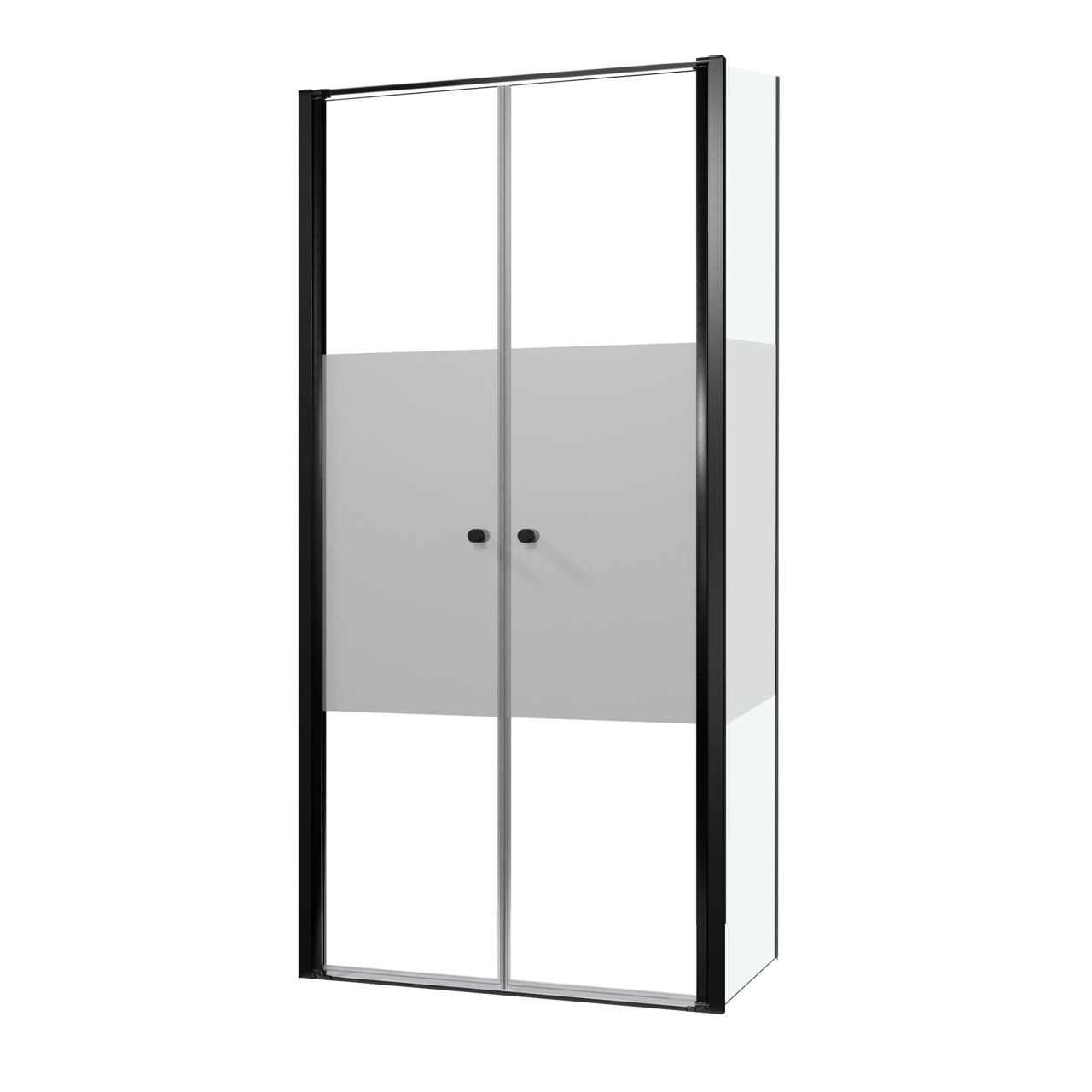 Luca Varess Kuresa Eckdusche: Pendeltür, fixierte Seitenwand, 100 x 80 x 200 cm, Klarglas mit mattiertem Streifen, Profil Schwarz matt
