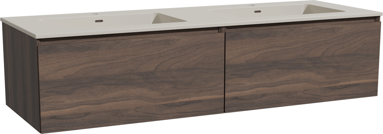 Storke Edge meuble salle de bains suspendu 150 x 52 cm noyer avec Diva double vasque en top solid soie grise