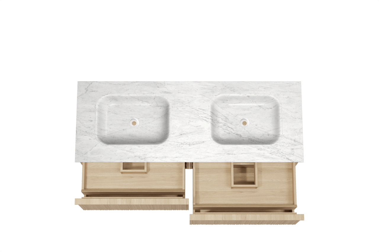 Balmani Forma zwevend badmeubel 150 x 55 cm naturel eiken met Tablo Arcato dubbele wastafel in marmer carrara, Verticale asymmetrische ronde ribbel