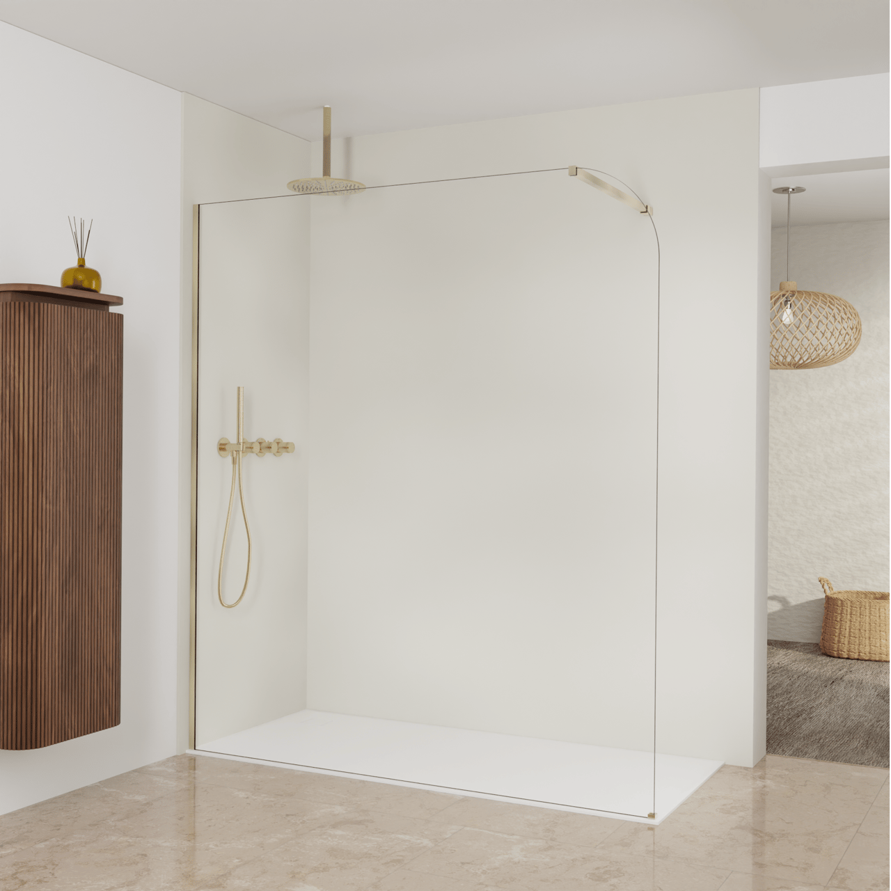 Balmani Modular inloopdouche: 180 x 200 cm, Helder glas afgerond met coating, Brushed Champagne Gold profielen