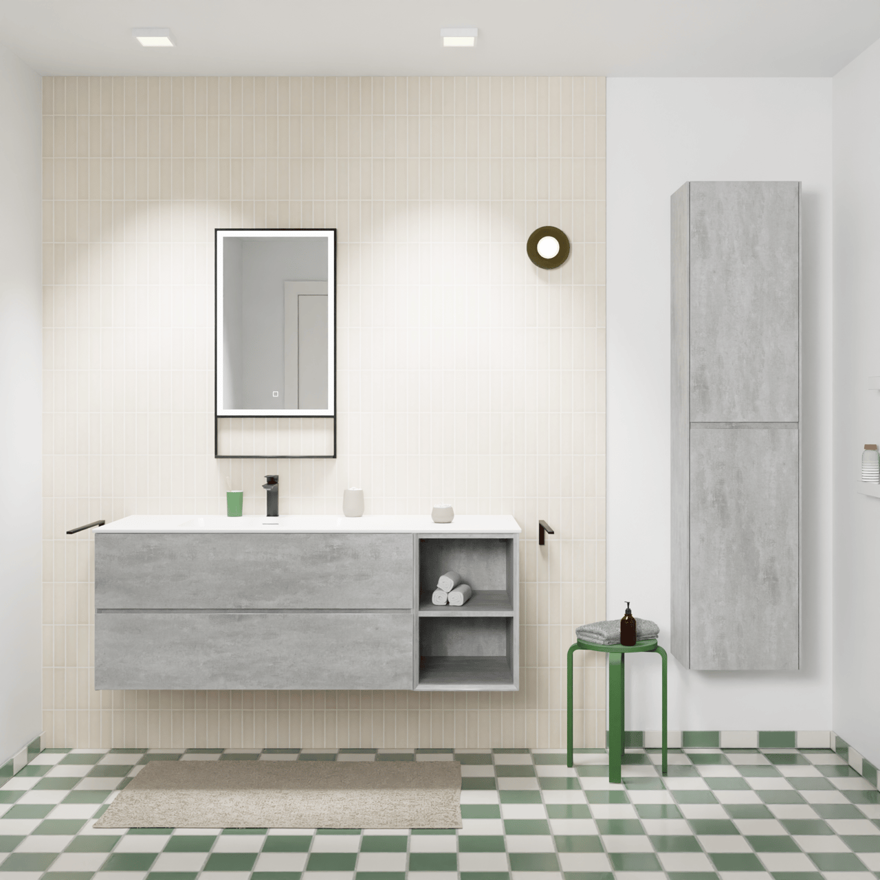Storke Edge zwevend badkamermeubel 140 x 52 cm beton donkergrijs met Mata asymmetrisch linkse wastafel in solid surface mat wit