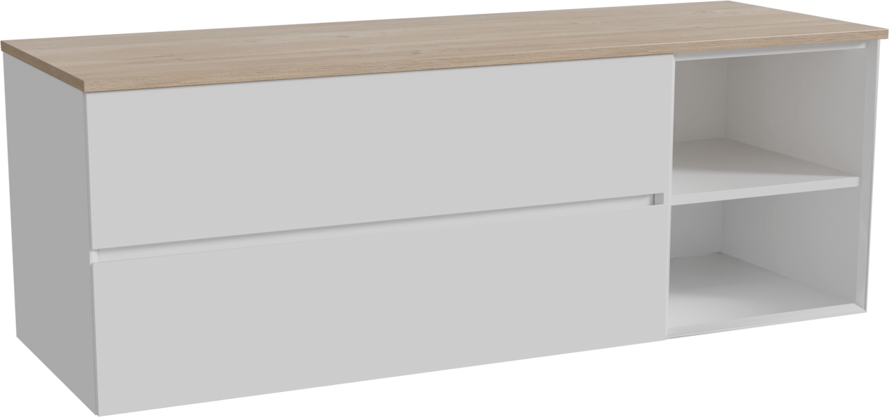 Storke Edge meuble salle de bains suspendu 150 x 52 cm blanc brillant avec Panton tablette simple ou double en mélaminé chêne brut