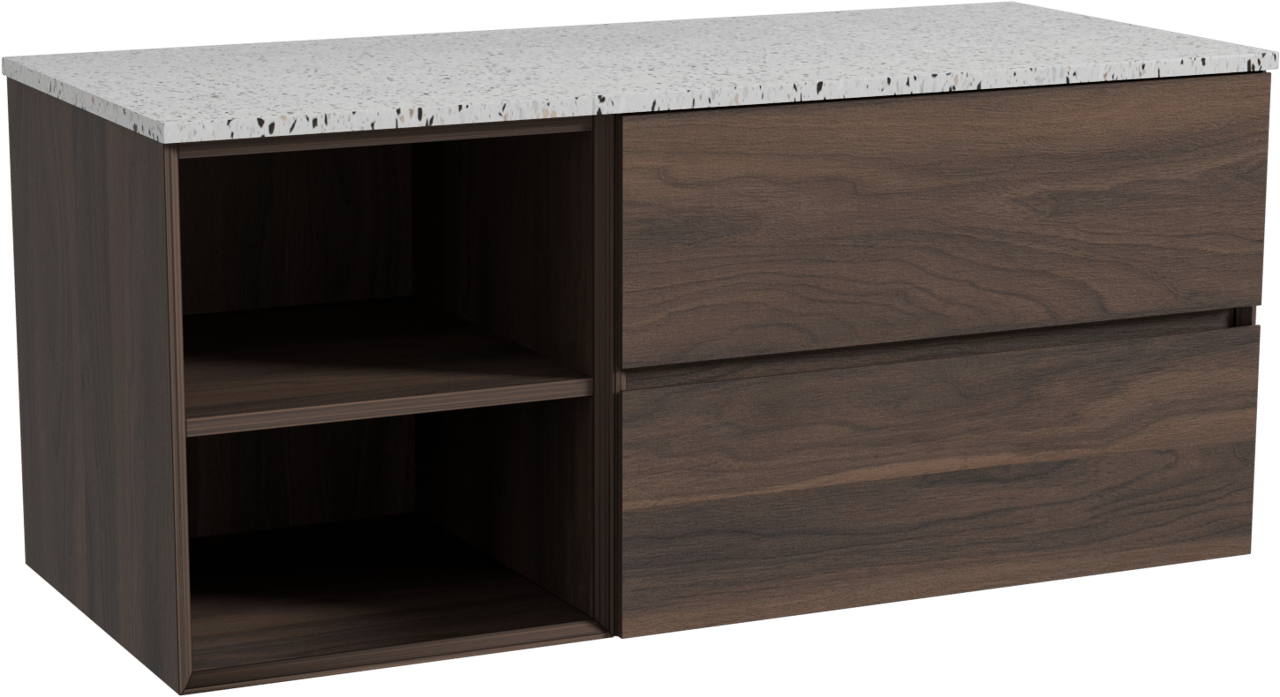 Storke Edge meuble salle de bains suspendu 120 x 52 cm noyer avec Tavola tablette simple ou double en blanc/noir mat terrazzo