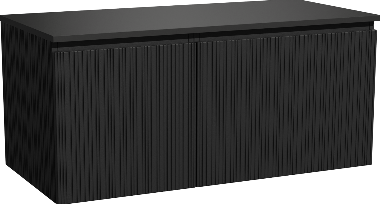 Storke Ribs zwevend badmeubel 110 x 52 cm zwart eiken met Panton enkel wastafelblad in gepoedercoate mdf mat zwart, Verticale asymmetrische rechte ribbel