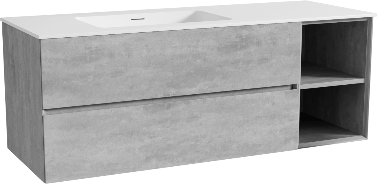 Storke Edge zwevend badkamermeubel 140 x 52 cm beton donkergrijs met Mata asymmetrisch linkse wastafel in solid surface mat wit