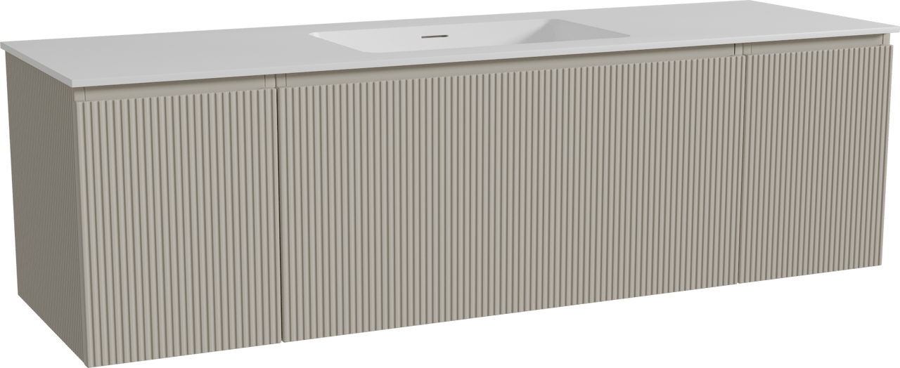 Storke Ribs meuble salle de bains suspendu 165 x 52 cm soie grise avec Mata plan simple en solid surface blanc mat, Nervure droite symétrique verticale