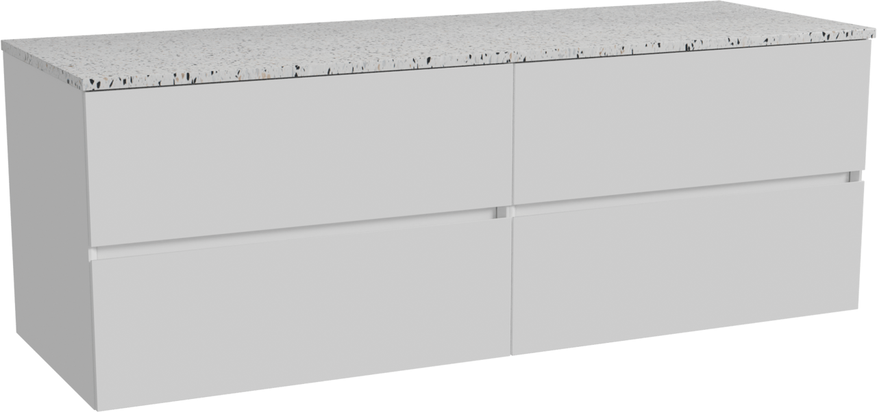 Storke Edge zwevend badkamermeubel 150 x 52 cm glanzend wit met Tavola enkel of dubbel tablet in mat wit/zwart terrazzo