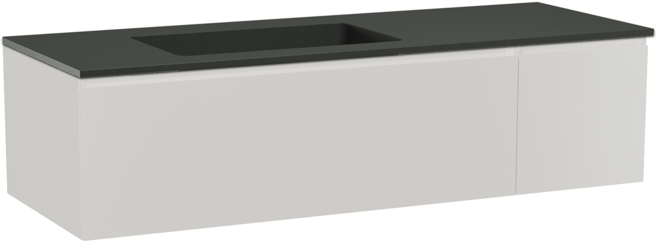 Storke Edge zwevend badmeubel 140 x 52 cm hoogglans wit met Scuro asymmetrisch linkse wastafel in kwarts mat zwart