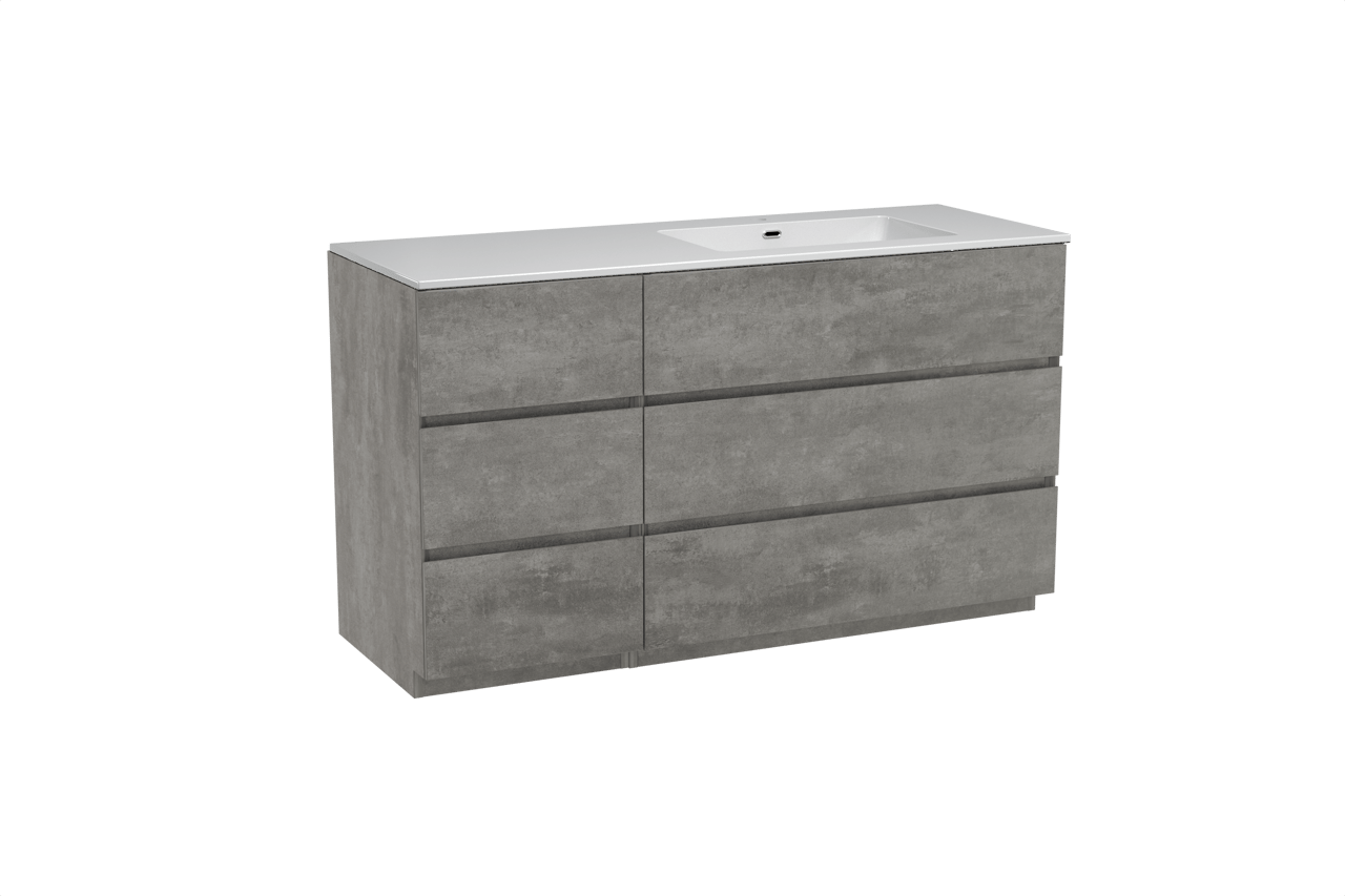Storke Edge staand badkamermeubel 140 x 52 cm beton donkergrijs met Diva asymmetrisch rechtse wastafel in composietmarmer glanzend wit