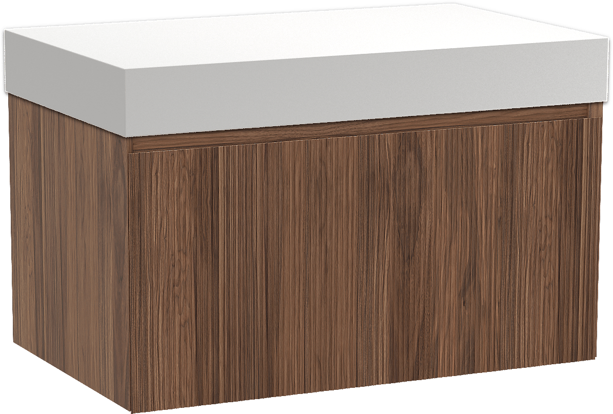 Balmani Fila by Mitra meuble salle de bains suspendu 90 x 55 cm noyer avec Dominus tablette simple en solid surface blanc mat, Nervure droite symétrique verticale